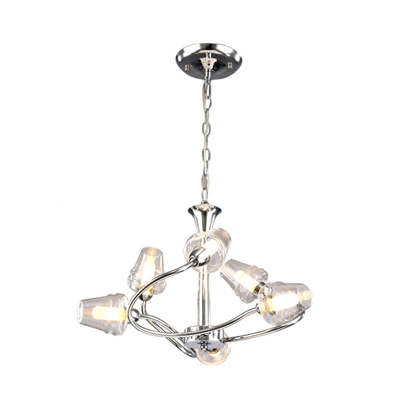 Cone Chandelier Lighting Modernist Clear Glass Multi Lights Led Chrome Ceiling Pendant Lamp with Curved Arm and Chain