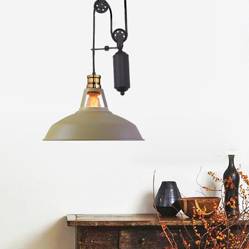 1 Light Barn Pendant Ceiling Lamp Farmhouse Style Black/Beige/Rust/White Metallic Hanging Light with Pulley for Bedroom