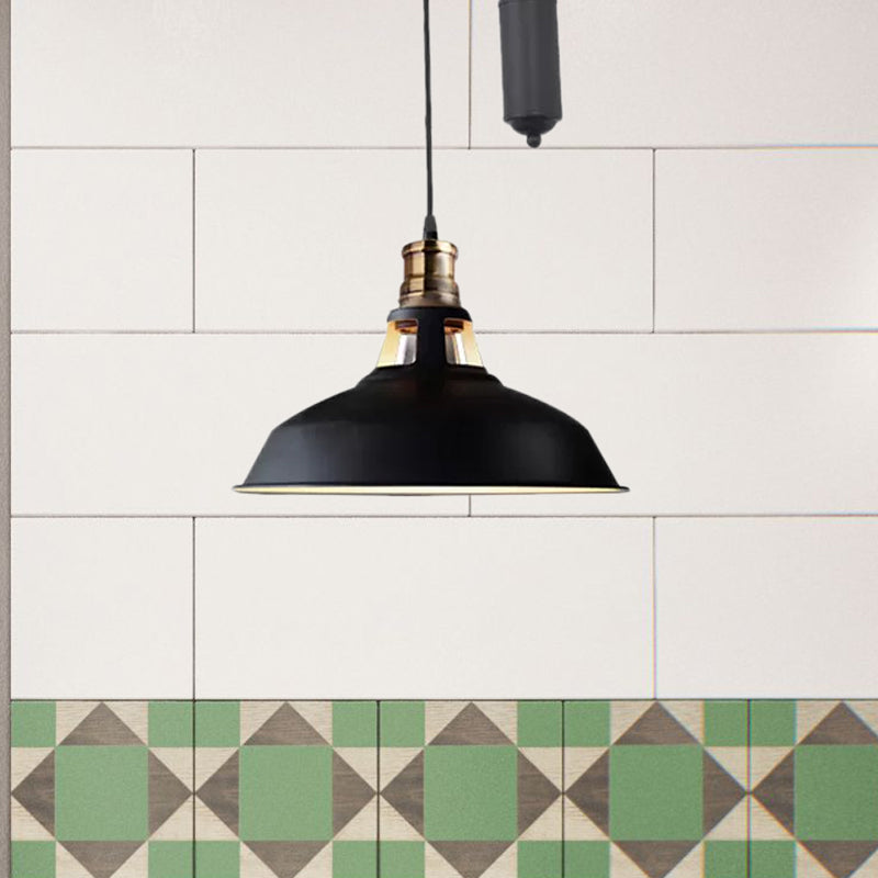 1 Light Barn Pendant Ceiling Lamp Farmhouse Style Black/Beige/Rust/White Metallic Hanging Light with Pulley for Bedroom