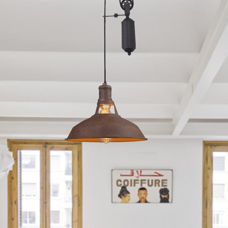 1 Light Barn Pendant Ceiling Lamp Farmhouse Style Black/Beige/Rust/White Metallic Hanging Light with Pulley for Bedroom