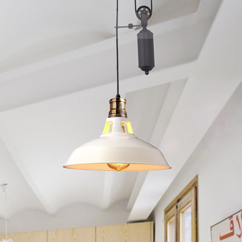 1 Light Barn Pendant Ceiling Lamp Farmhouse Style Black/Beige/Rust/White Metallic Hanging Light with Pulley for Bedroom