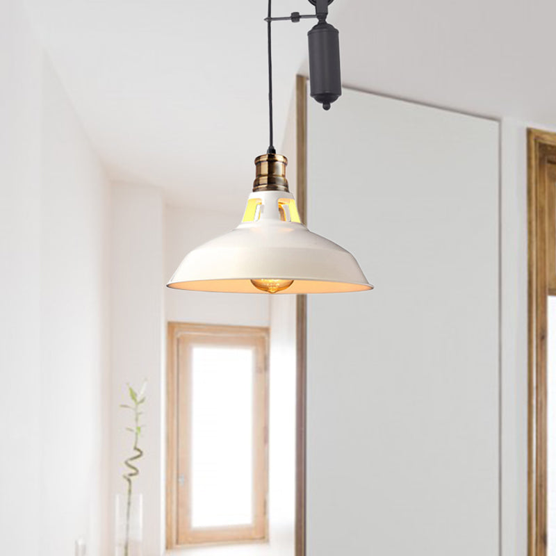 1 Light Barn Pendant Ceiling Lamp Farmhouse Style Black/Beige/Rust/White Metallic Hanging Light with Pulley for Bedroom