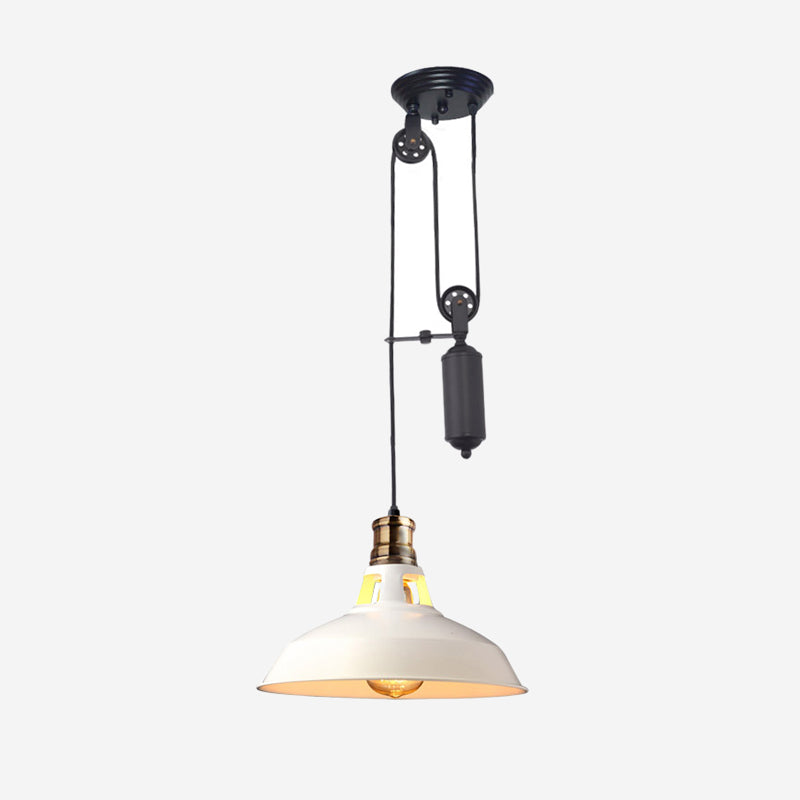 1 Light Barn Pendant Ceiling Lamp Farmhouse Style Black/Beige/Rust/White Metallic Hanging Light with Pulley for Bedroom