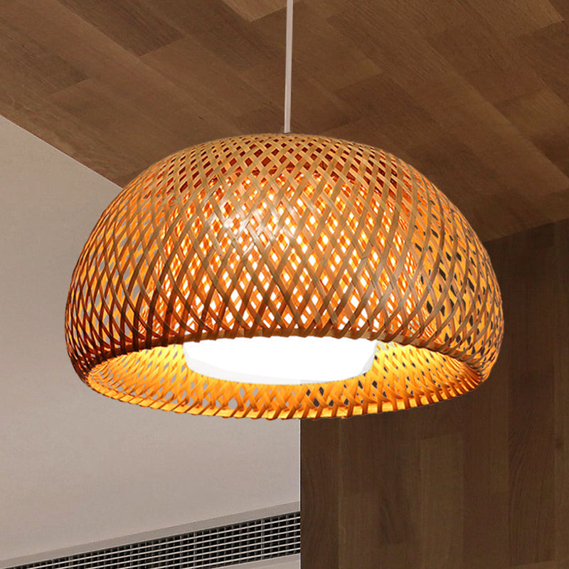 Bamboo Double-Decker Domed Hanging Lamp Rustic 1 Light Suspended Light for Restaurant Dining Room
