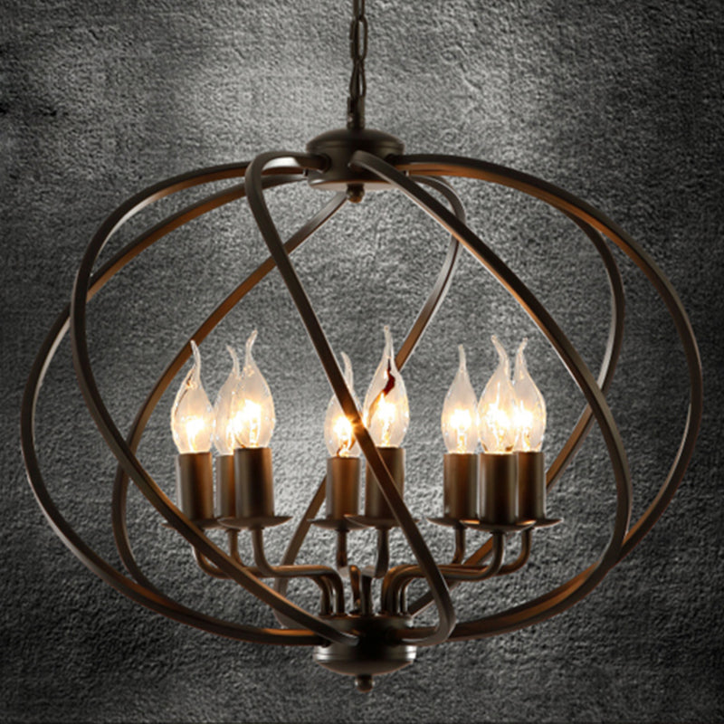 Black Round Cage Chandelier Lighting Industrial Metal 8 Lights Dining Room Large Pendant Light with Candle Decoration