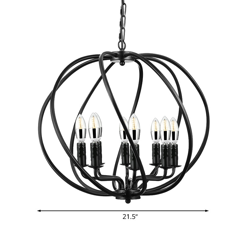 Black Round Cage Chandelier Lighting Industrial Metal 8 Lights Dining Room Large Pendant Light with Candle Decoration