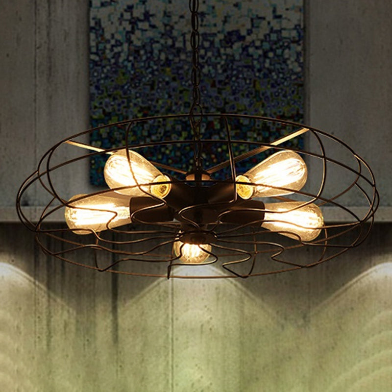 5 lampadine Lampada il lampadario in ferro battuto in gambo rotondo dell'illuminazione a sospensione con cavo/catena in nero/ruggine