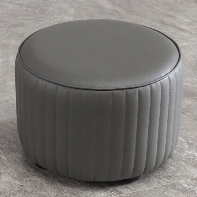 Contemporary Pouf Ottoman Genuine Leather Upholstered Solid Color Cylinder Shape Ottoman