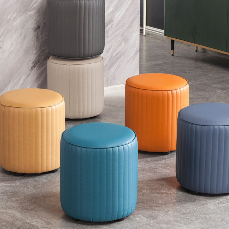Contemporary Pouf Ottoman Genuine Leather Upholstered Solid Color Cylinder Shape Ottoman