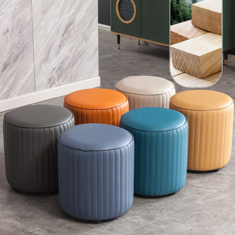 Contemporary Pouf Ottoman Genuine Leather Upholstered Solid Color Cylinder Shape Ottoman