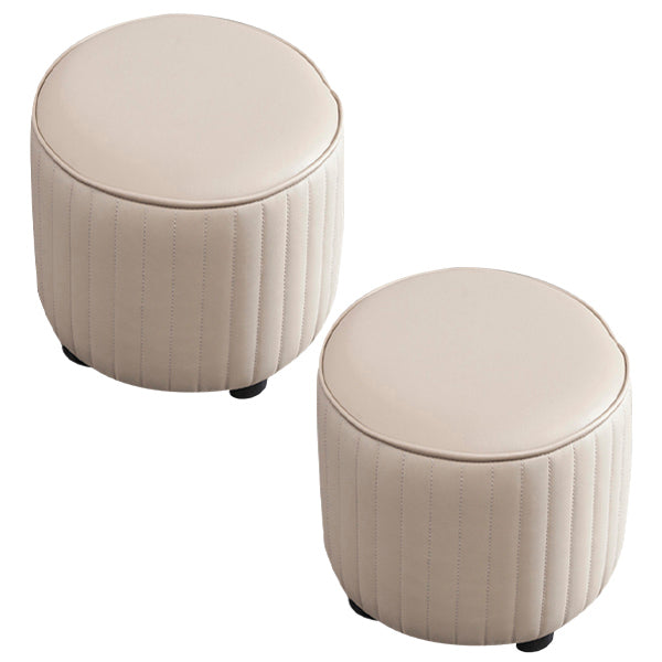 Contemporary Pouf Ottoman Genuine Leather Upholstered Solid Color Cylinder Shape Ottoman