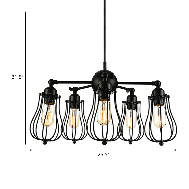 18"/25.5" W 5 Lights Chandelier Lighting Farmhouse Wire Cage Iron Ceiling Light Fixture with Bulb Shade in Black