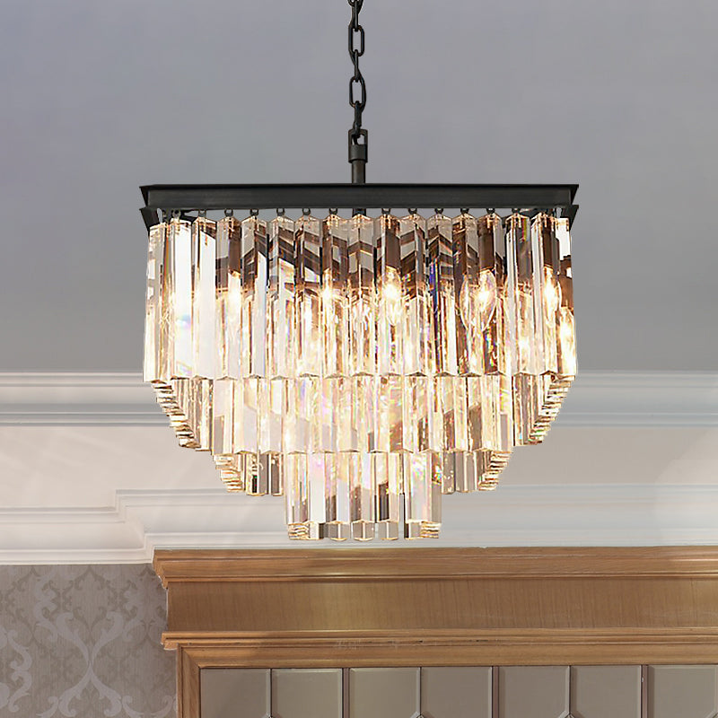 3/5/7-Tier Living Room Chandelier Lighting with Square Clear Crystal Shade LED Suspension Pendant, 19.5"/31.5"/43" Wide
