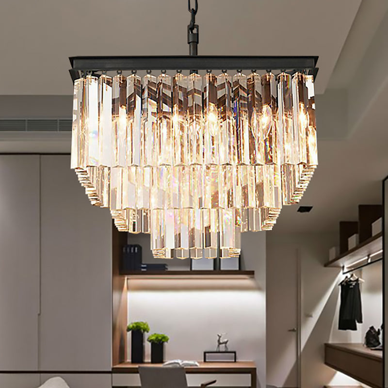 3/5/7-Tier Living Room Chandelier Lighting with Square Clear Crystal Shade LED Suspension Pendant, 19.5"/31.5"/43" Wide