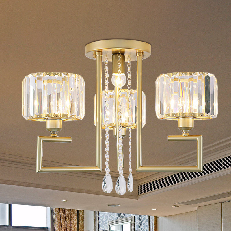 Modern 3/6 Lights Flush Mount Chandelier with Clear Crystal Shade Cylinder Ceiling Light Fixture in Gold Finish