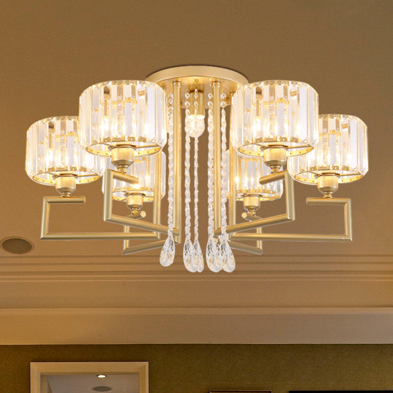 Modern 3/6 Lights Flush Mount Chandelier with Clear Crystal Shade Cylinder Ceiling Light Fixture in Gold Finish