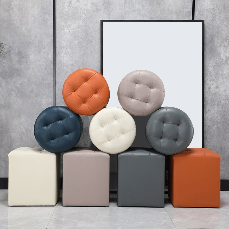 Modern Pouf Ottoman Genuine Leather Upholstered Tufted Stain Resistant Solid Color Ottoman