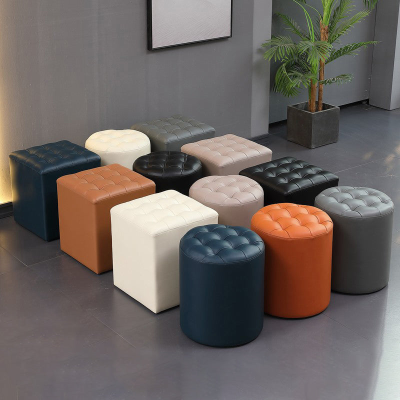 Contemporary Pouf Ottoman Genuine Leather Upholstered Tufted Solid Color Ottoman