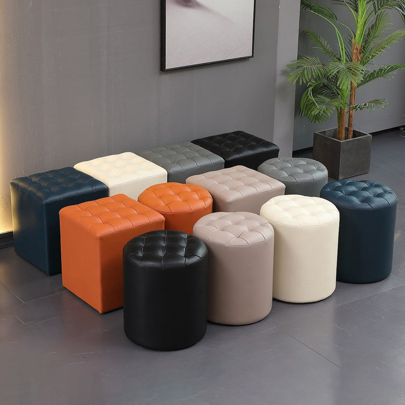 Contemporary Pouf Ottoman Genuine Leather Upholstered Tufted Solid Color Ottoman