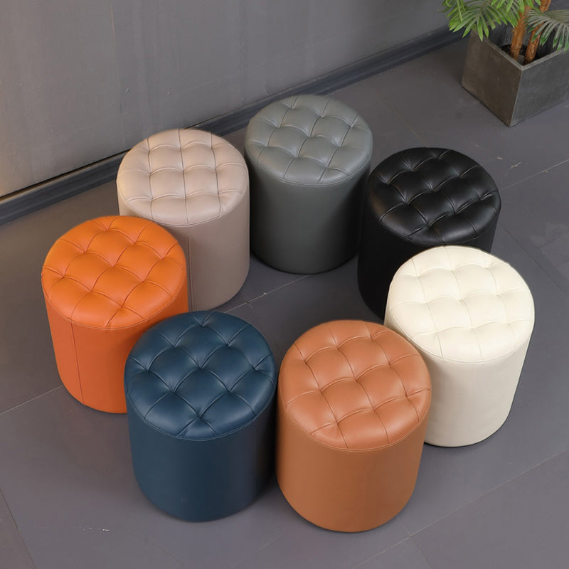 Contemporary Pouf Ottoman Genuine Leather Upholstered Tufted Solid Color Ottoman