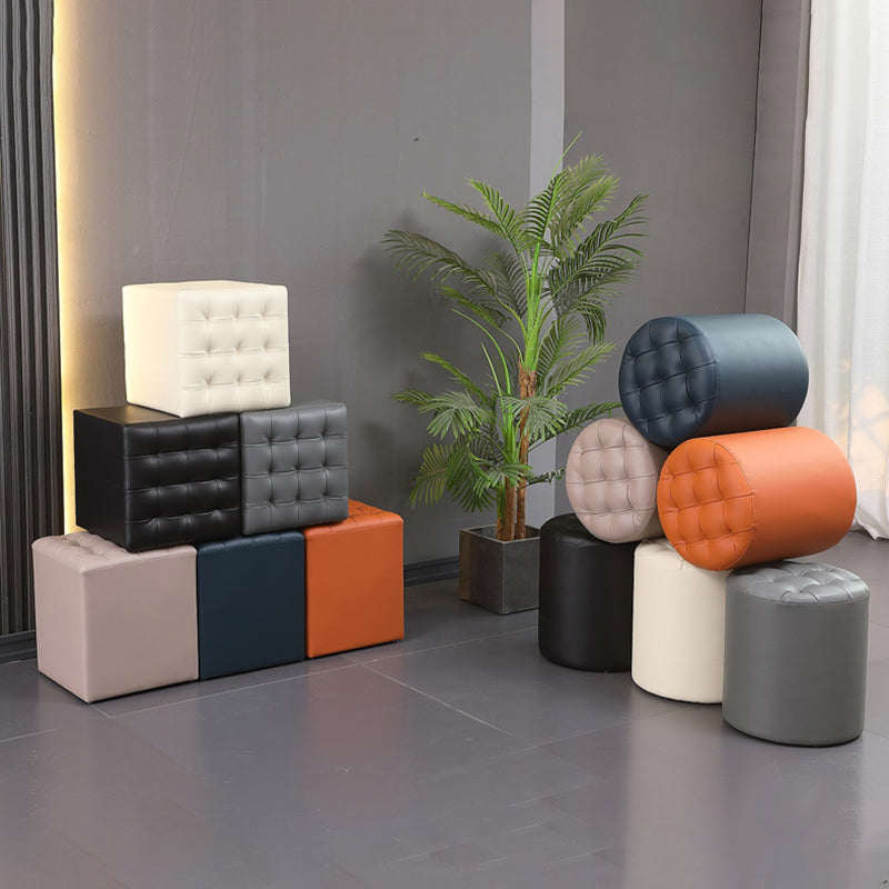Contemporary Pouf Ottoman Genuine Leather Upholstered Tufted Solid Color Ottoman
