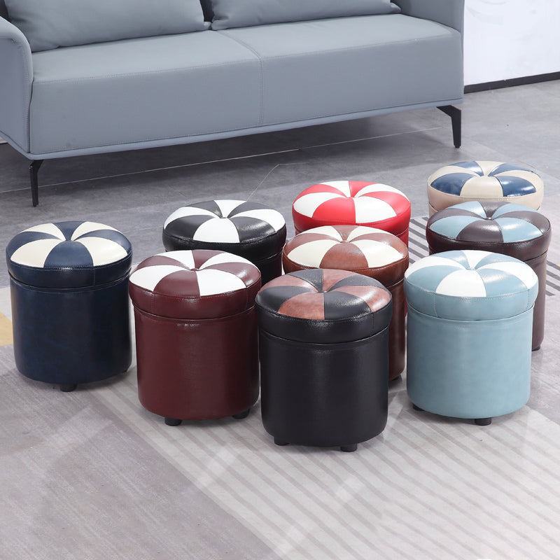 Modern Pouf Ottoman Faux Leather Tufted Geometric Printed Cylinder Shape Ottoman