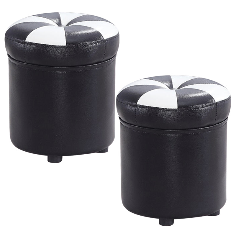 Modern Pouf Ottoman Faux Leather Tufted Geometric Printed Cylinder Shape Ottoman