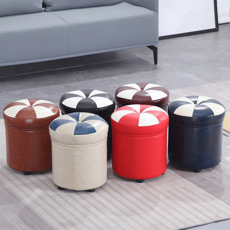 Modern Pouf Ottoman Faux Leather Tufted Geometric Printed Cylinder Shape Ottoman