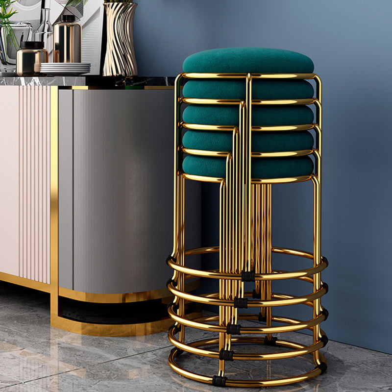 Velvet Upholstered Ottoman Solid Color Round Contemporary Metal Frame Ottoman