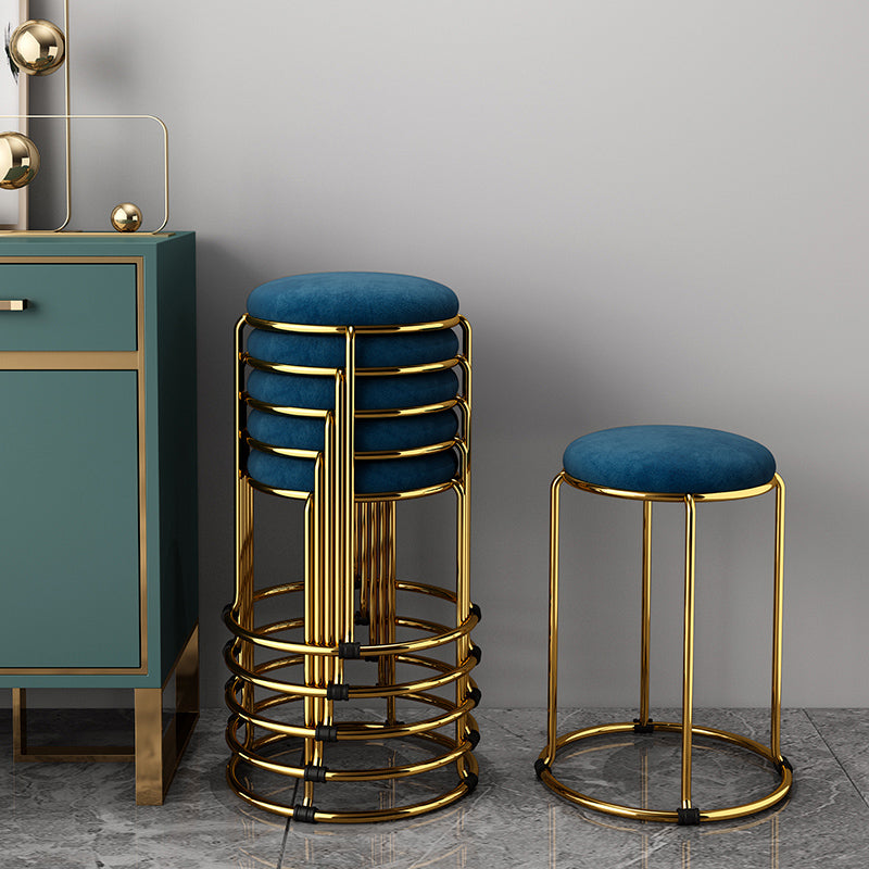 Velvet Upholstered Ottoman Solid Color Round Contemporary Metal Frame Ottoman