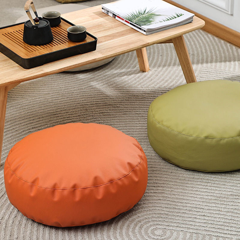 Modern Pouf Ottoman Faux Leather Upholstered Solid Color Round Ottoman