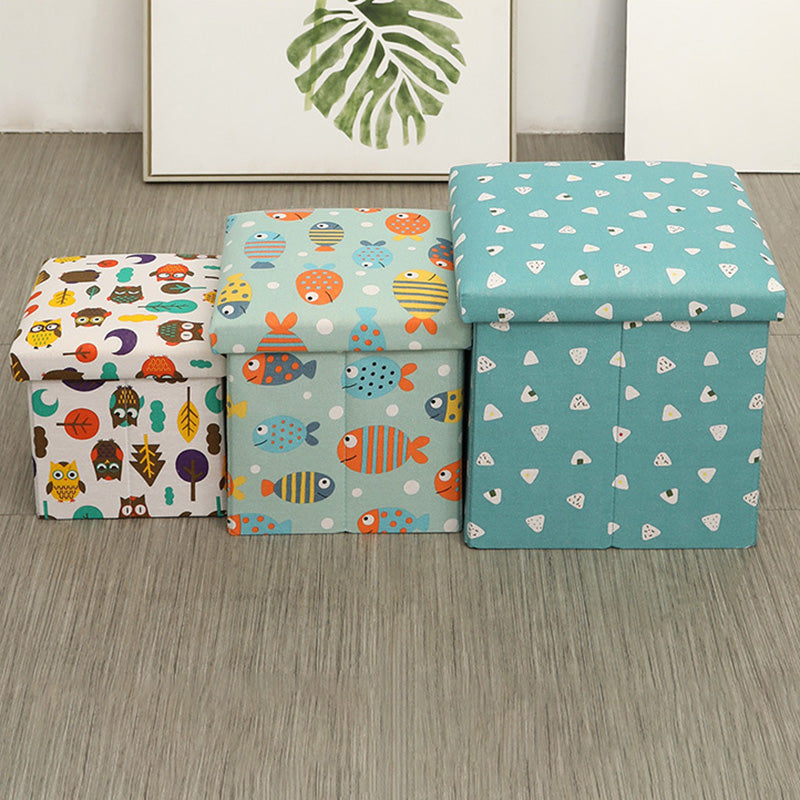 Modern Blue Square Ottoman Trees Pattern Cotton Indoor Ottoman