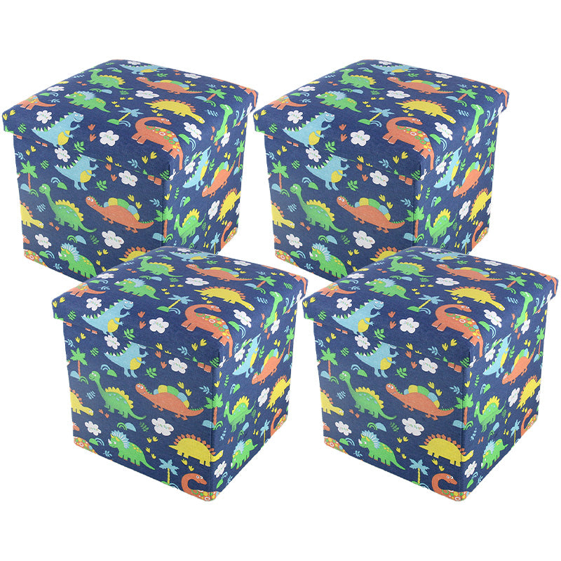 Modern Blue Square Ottoman Trees Pattern Cotton Indoor Ottoman
