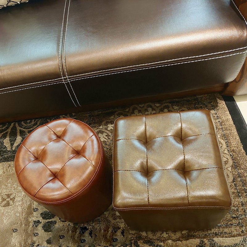Modern Pouf Ottoman Genuine Leather Tufted Upholstered Solid Color Ottoman