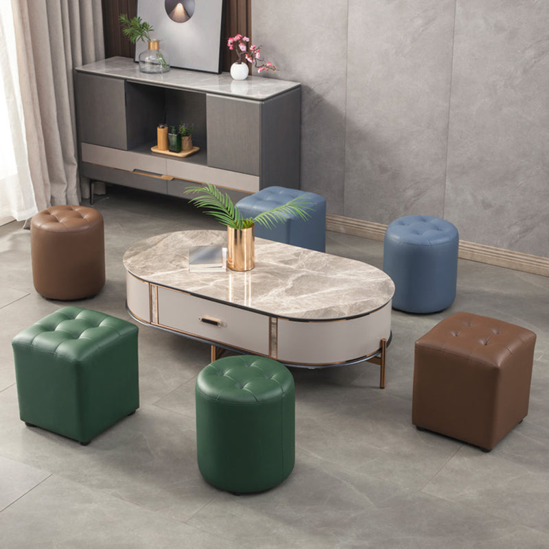 Contemporary Pouf Ottoman Genuine Leather Tufted Upholstered Solid Color Ottoman