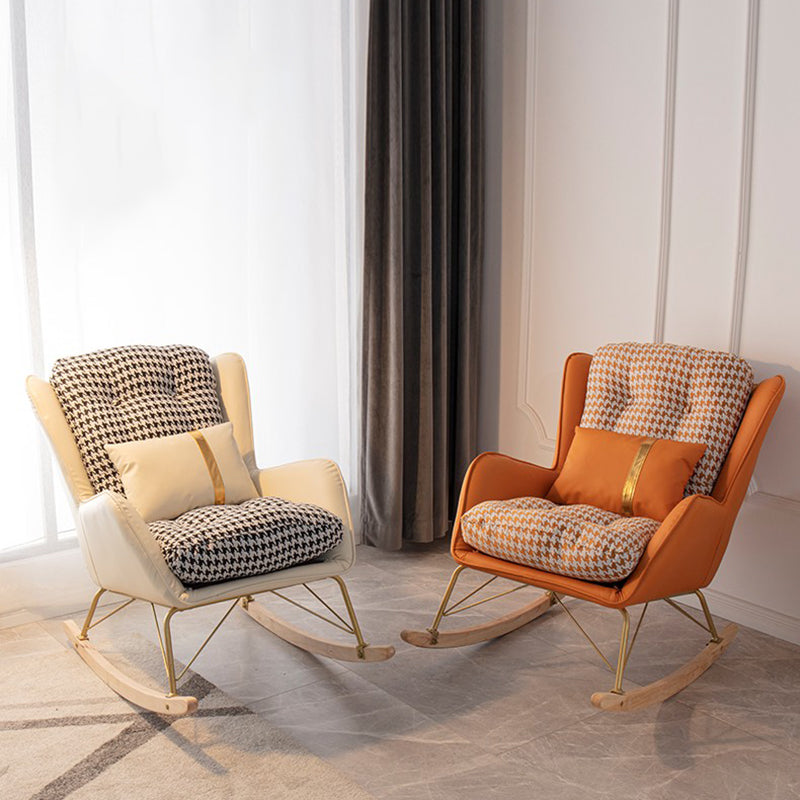 Tufted Rocker Houndstooth Patchwork Modern Leather Rocker Chair with Pillow and Ottoman