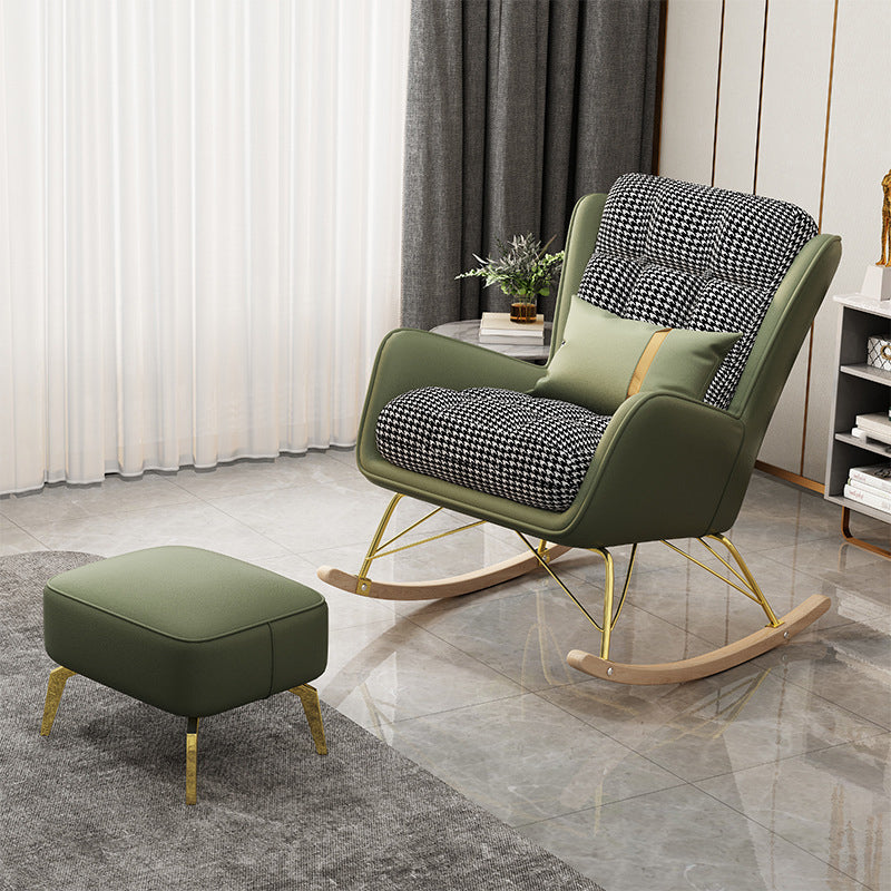 Tufted Rocker Houndstooth Patchwork Modern Leather Rocker Chair with Pillow and Ottoman