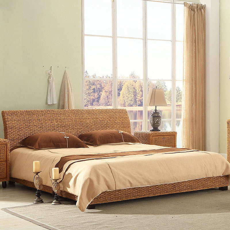 Brown Standard Bed 37.40" High Bed with Headboard Tropical Rattan Style