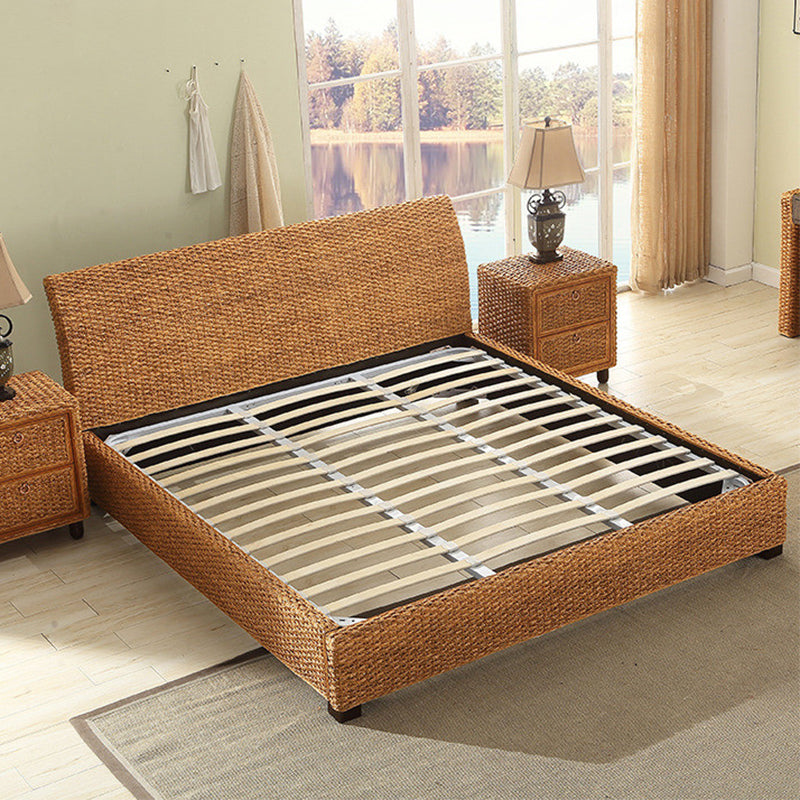 Brown Standard Bed 37.40" High Bed with Headboard Tropical Rattan Style
