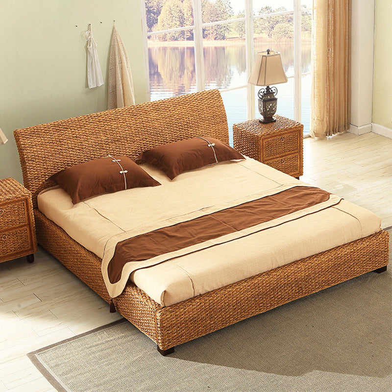 Brown Standard Bed 37.40" High Bed with Headboard Tropical Rattan Style
