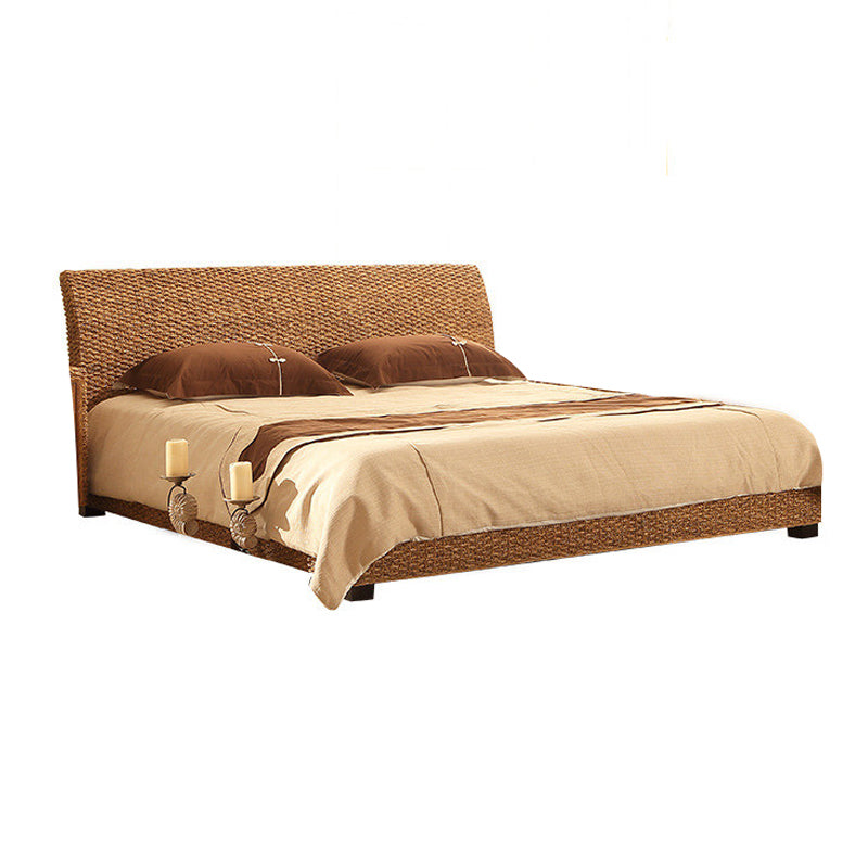 Brown Standard Bed 37.40" High Bed with Headboard Tropical Rattan Style