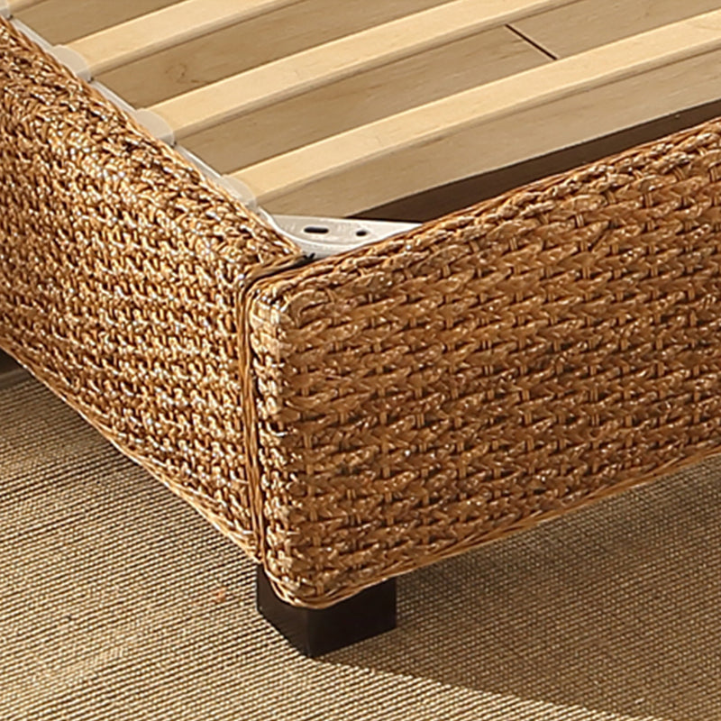 Brown Standard Bed 37.40" High Bed with Headboard Tropical Rattan Style