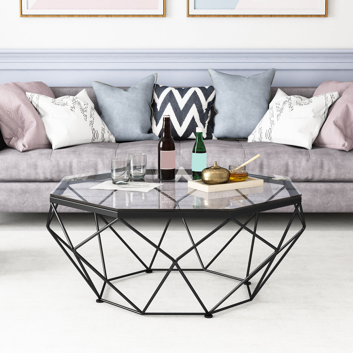 Glass Coffee Table 17.72" H Frame Cocktail Table for Living Room