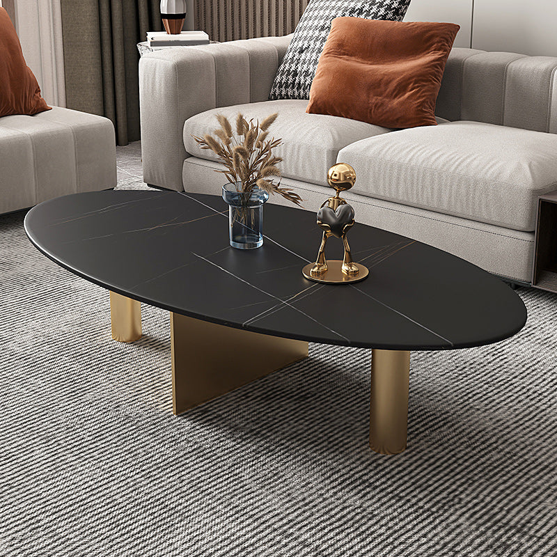 Glam Oval Stone Top Coffee Table with Metal 3 Legs Cocktail Table
