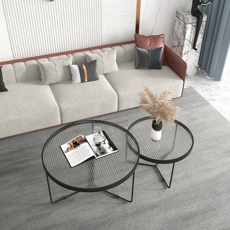 Round Clear Glass Cocktail Table Set Contemporary Cross Legs Coffee Table in Black