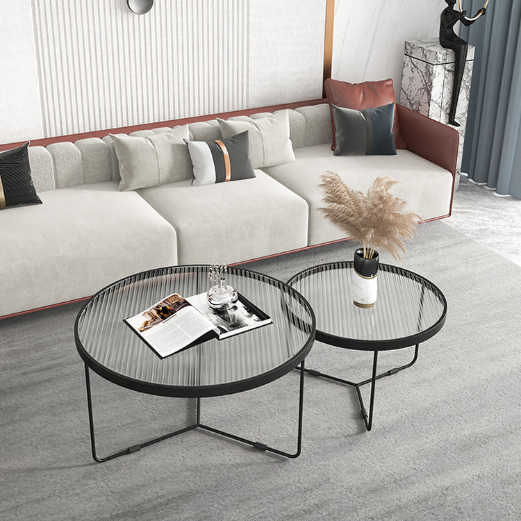 Round Clear Glass Cocktail Table Set Contemporary Cross Legs Coffee Table in Black