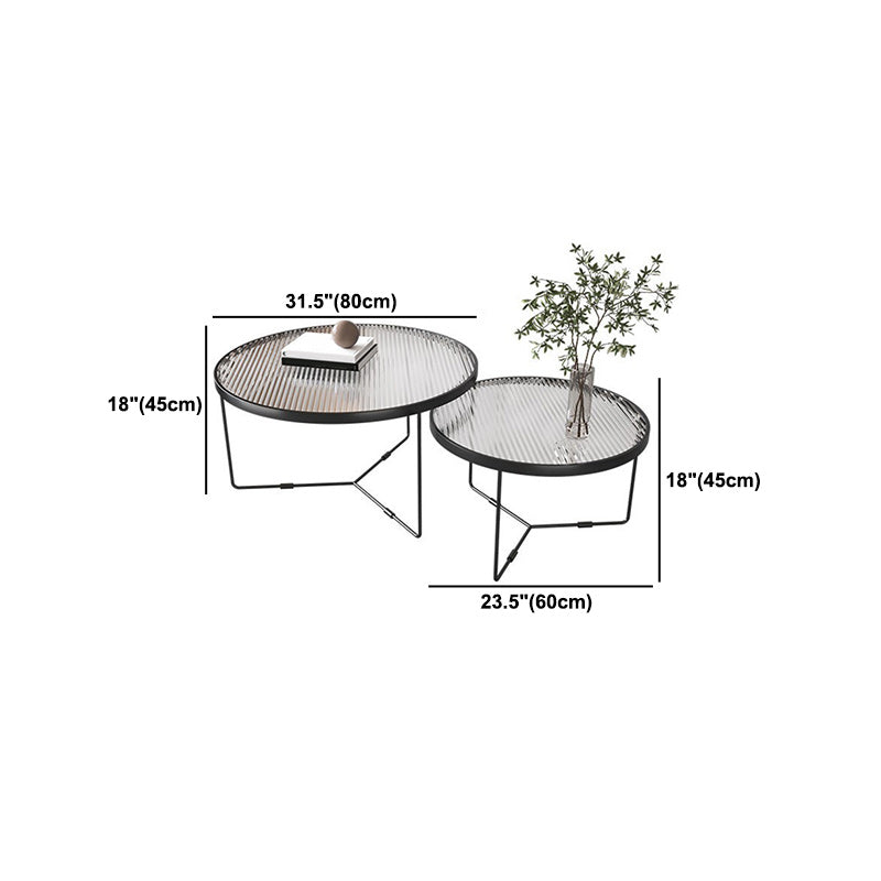Round Clear Glass Cocktail Table Set Contemporary Cross Legs Coffee Table in Black