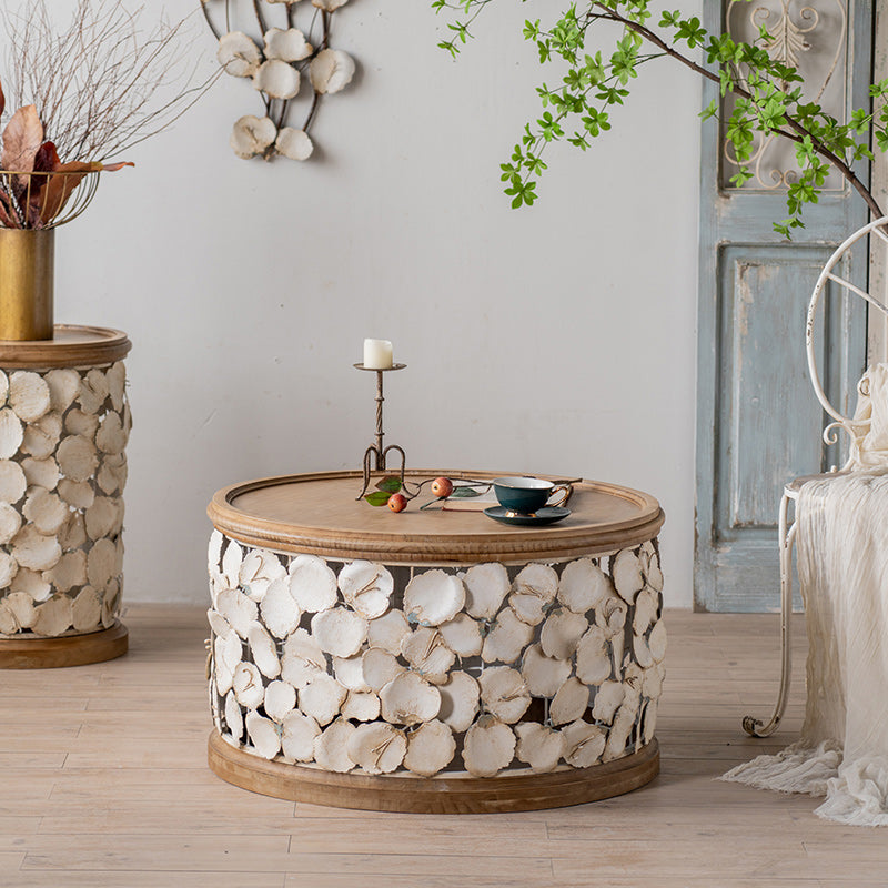 Drum Shaped Coffee Table French Country Distressed Wood Cocktail Table