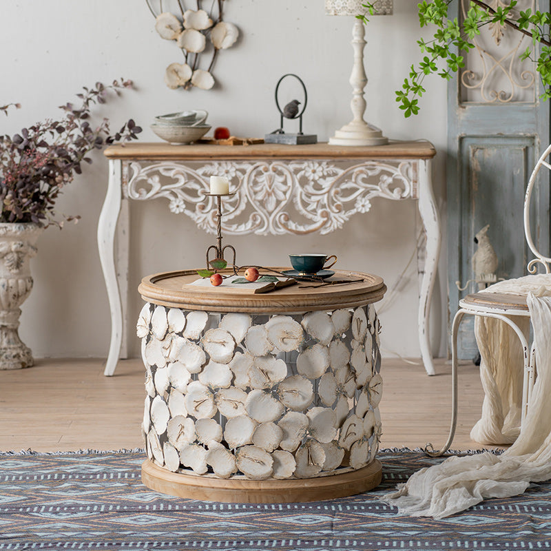 Drum Shaped Coffee Table French Country Distressed Wood Cocktail Table