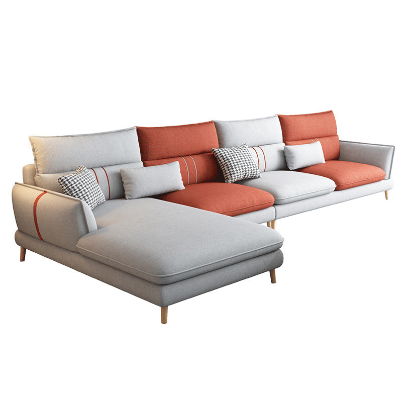 Fabric Pillow Back Sectional Flared Arm Sectional with Wood Accents